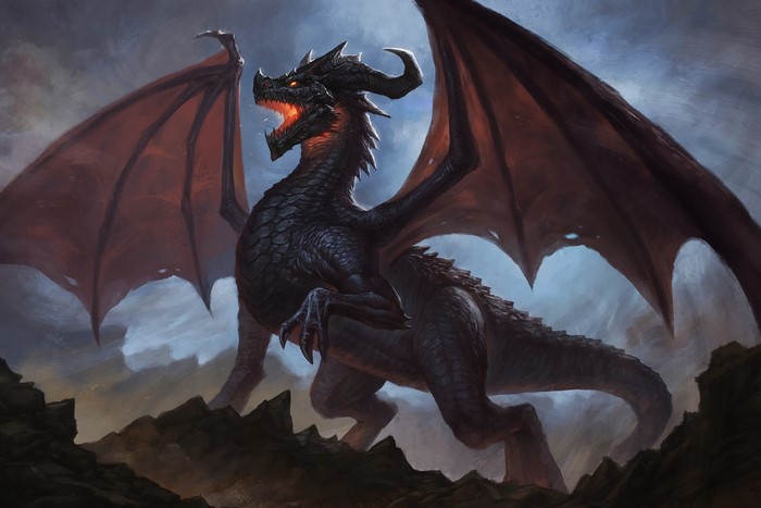 Black dragon with glowing eyes and red wings