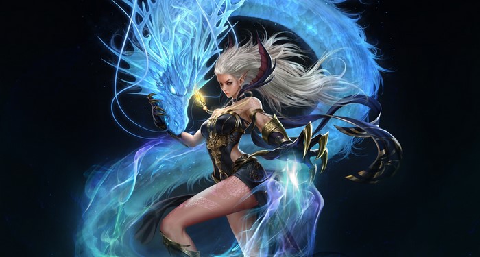 Fantasy elf girl with blue dragon