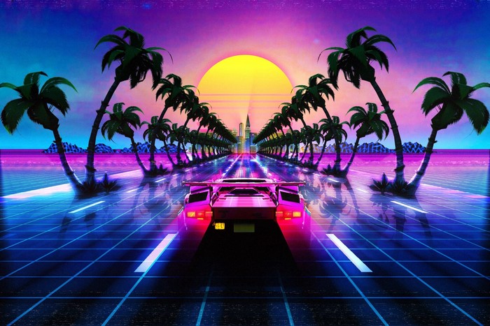 Lamborghini Countach driving on a neon road at sunset