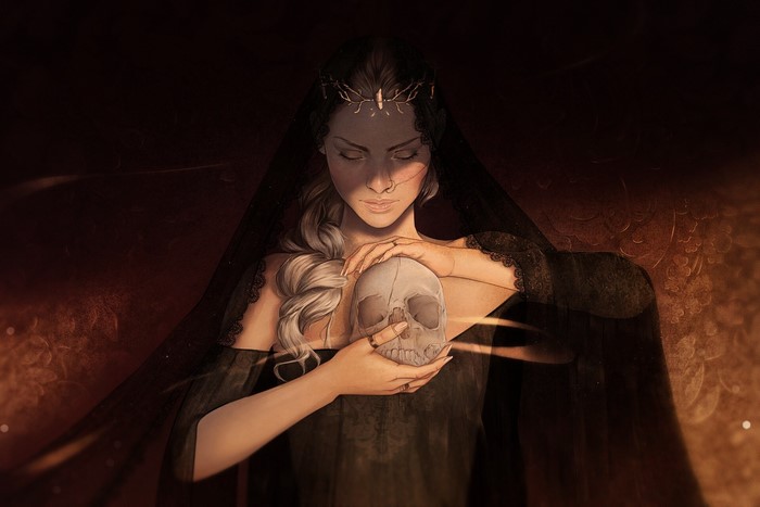 Fantasy girl Gabrielle Ragusi holding a skull