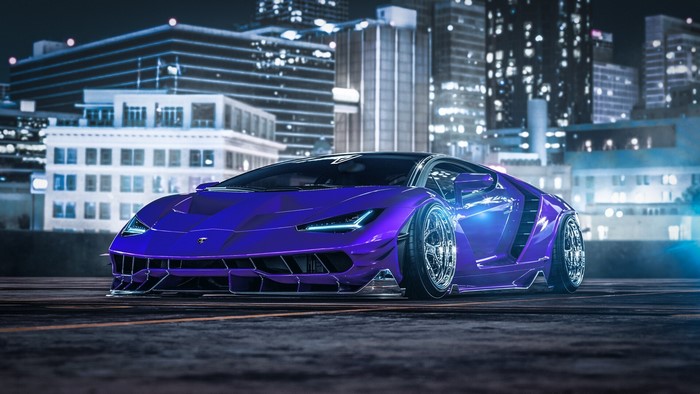 Purple Lamborghini Centenario in a City at Night
