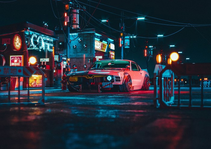 Cyberpunk modified white Ford Mustang at night