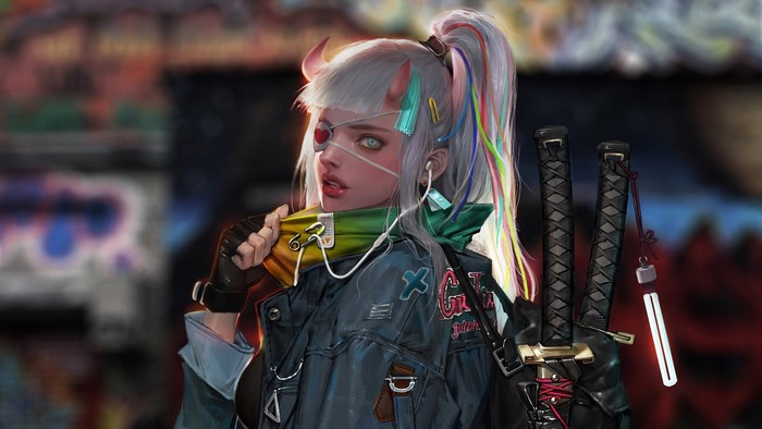 Woman with swords and horns in cyberpunk attire