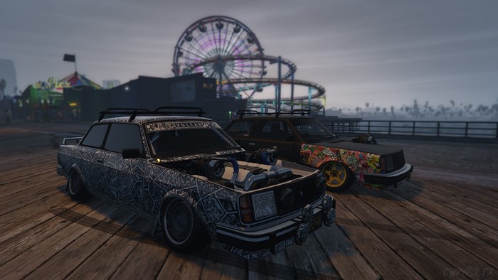 Two Vulcar Nebula cars on a pier in Los Santos