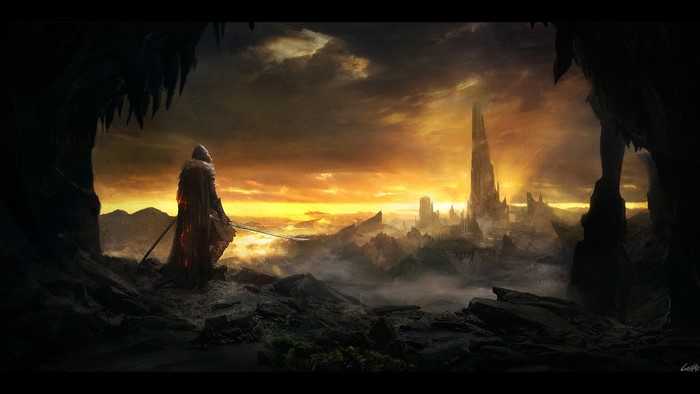Dark Souls 3 character overlooking a ruined city at sunset