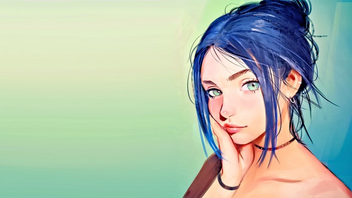 Digital painting of a woman with blue hair and green eyes