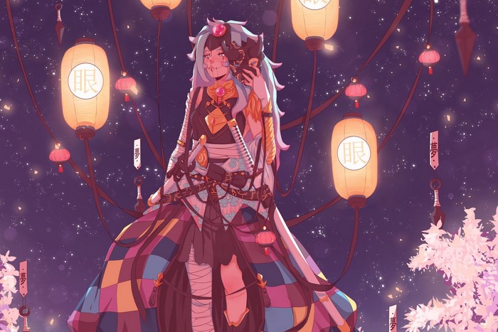 Anime girl with mask and katana among lanterns