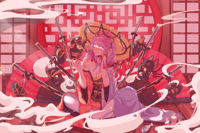 Anime girl with pink hair and masks with katanas