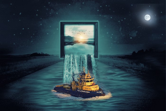 Digital art of a tugboat sailing through a surreal waterfall