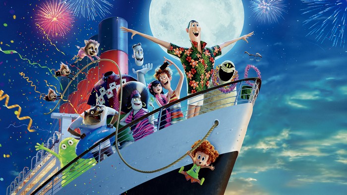 Hotel Transylvania characters on a cruise ship with fireworks