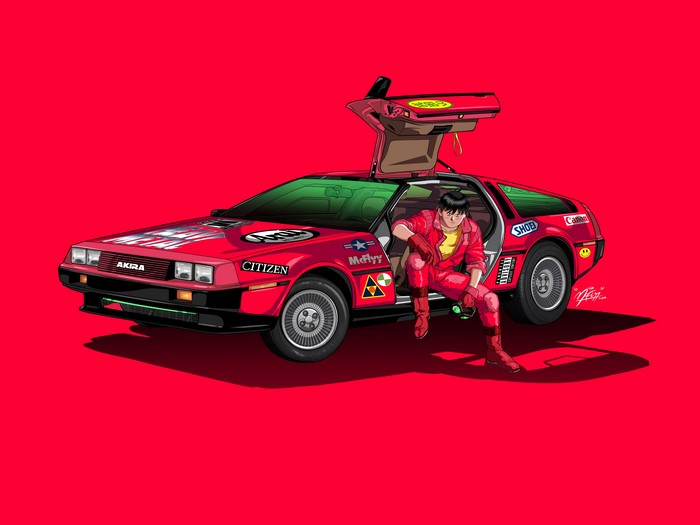 Kaneda from Akira with a red DMC DeLorean