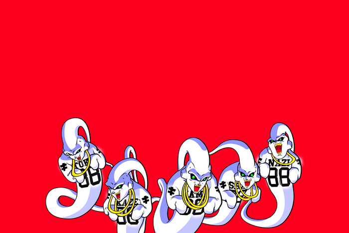 Kid Buu characters from Dragon Ball Z on red background