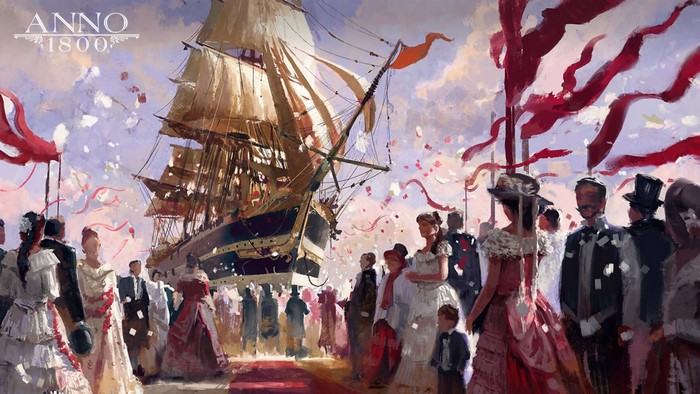 Anno 1800 concept art of a ship and crowds