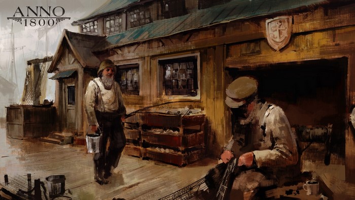 Concept art for Anno 1800 featuring fishermen