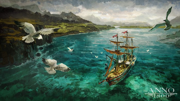 Sailing ship in a river with seagulls, Anno 1800 artwork