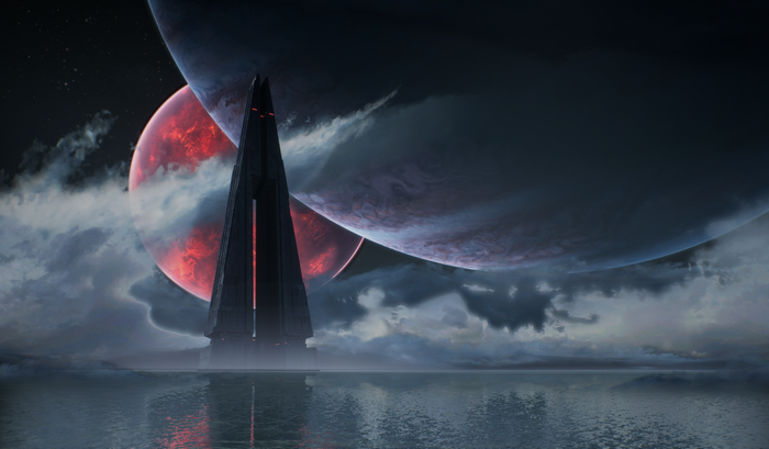 Dark Temple on a Water Planet with Red and Blue Planets