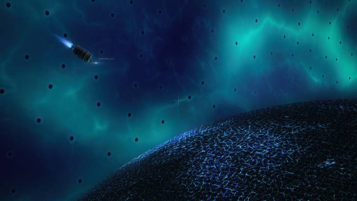 Spaceship near a ringed planet in The Expanse