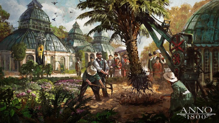 Anno 1800 concept art of botanic gardens and workers