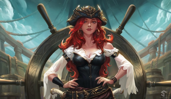 Miss Fortune from League of Legends standing by a ship's wheel