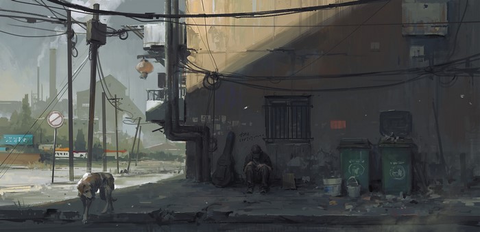 Digital art of a street scene with a dog and a person