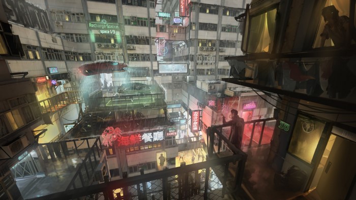 Cyberpunk city street with flying car and neon signs