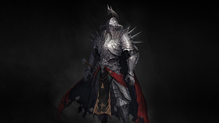Knight in ornate silver armor with red cape