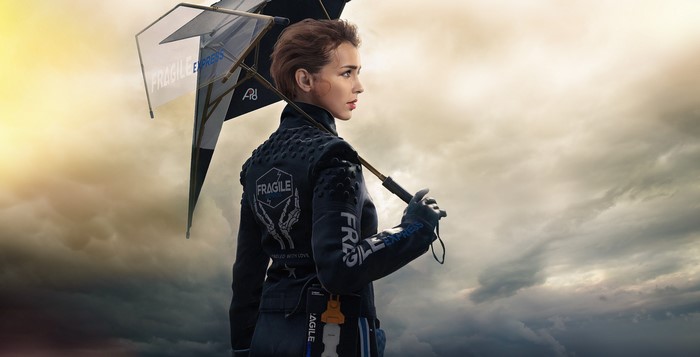 Fragile from Death Stranding holding an umbrella