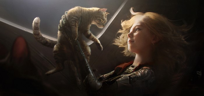 Girl holding a tabby cat with cyborg arm