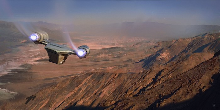 The Mandalorian's ship flying over a desert landscape