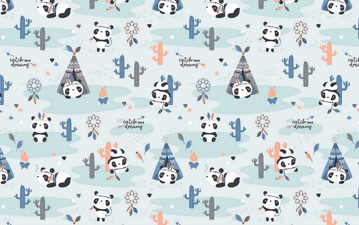 Panda pattern with cacti and teepees