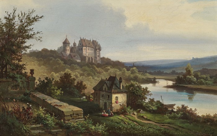 Painting of a Castle and River by Heinrich Yakel