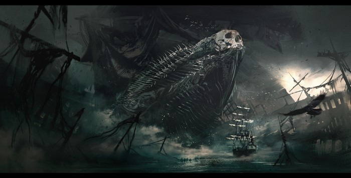 Shipwreck and skeletal leviathan in a dark sea