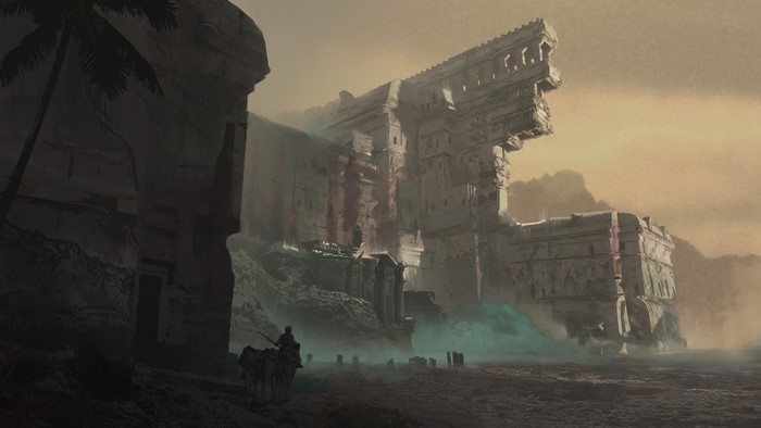 Ruined ancient structure on a misty coast with a traveler