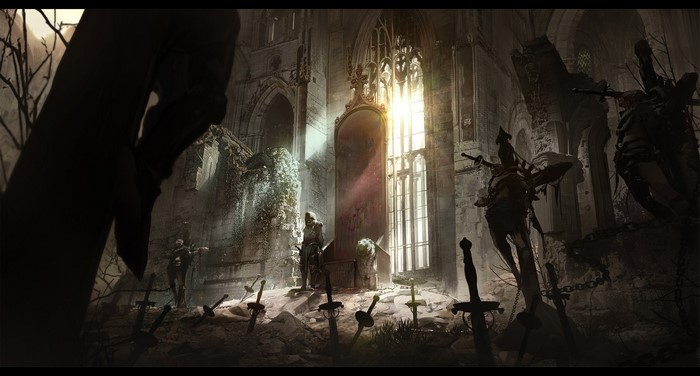 Fantasy art of a throne room with swords