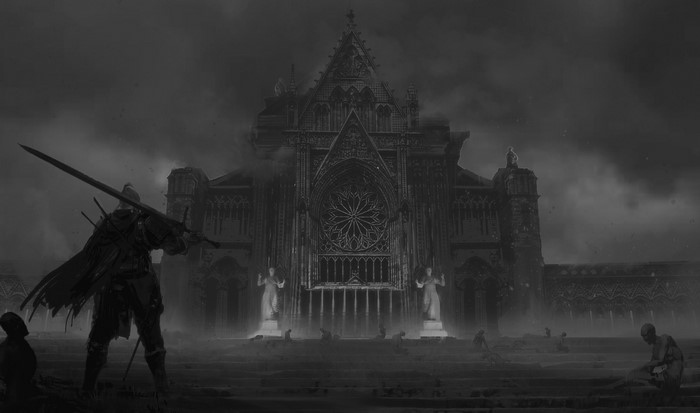 Dark Souls warrior before a gothic cathedral