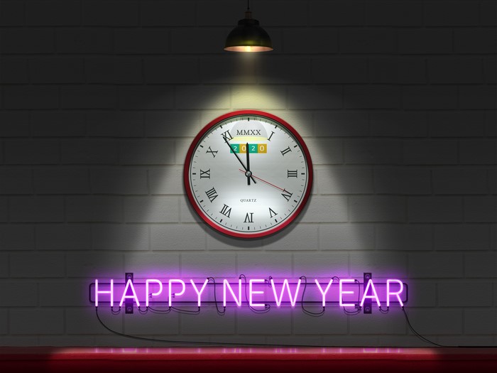 Happy New Year neon sign and clock