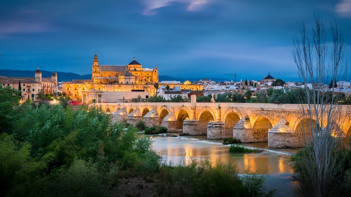 Roman Bridge and Mosque-Cathedral of Cordoba at dusk