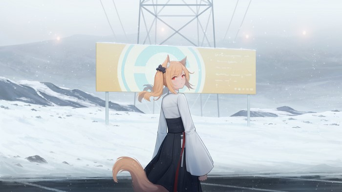 Sora from Arknights in a snowy landscape