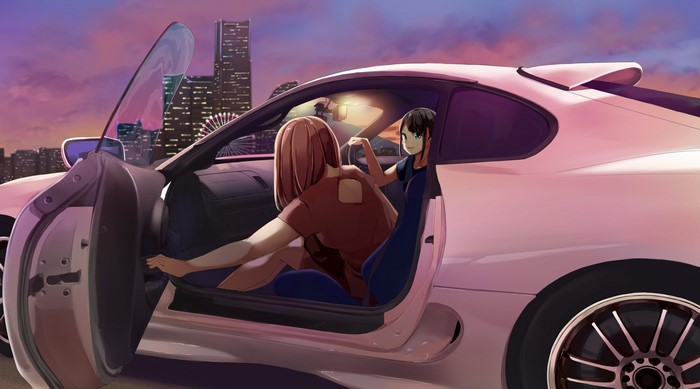 Anime girls in white sports car with cityscape at dusk