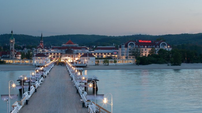 Sheraton Hotel and pier in Sopot, Poland at dusk