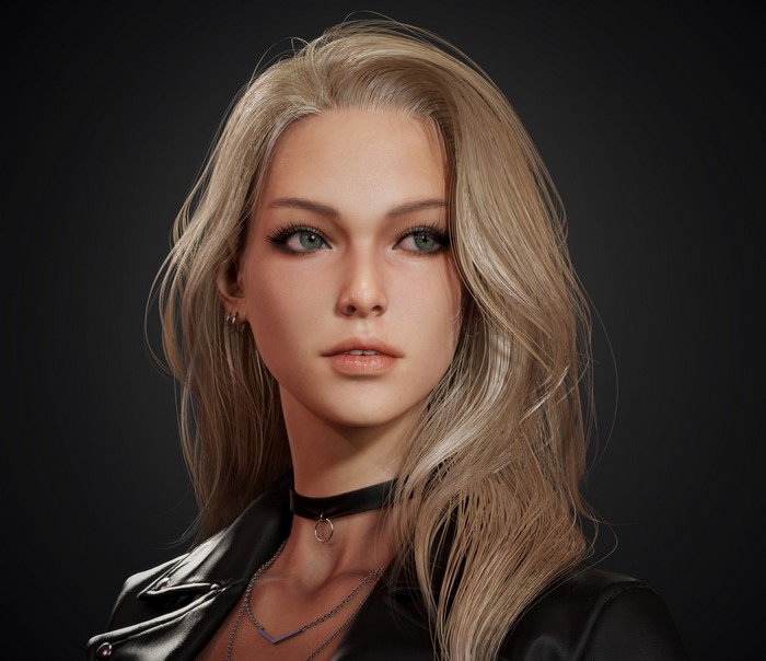 CGI portrait of a blonde woman with green eyes