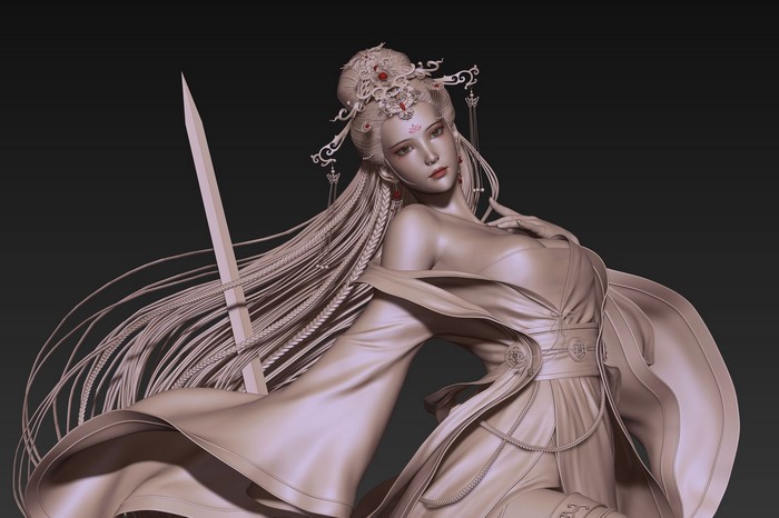 3D sculpture of a woman with a sword