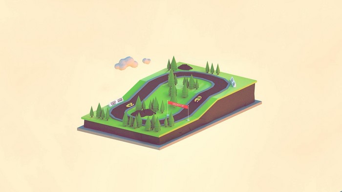 Low poly race track with cars and trees