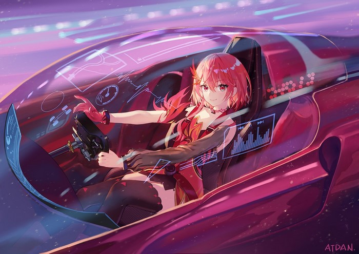 Anime girl with red hair driving a futuristic car