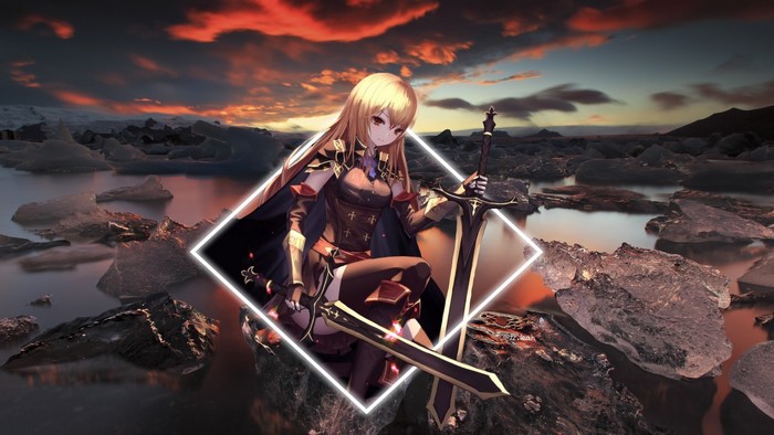 Anime girl with sword in icy landscape at sunset