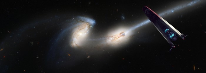 Spaceship from The Expanse in front of merging galaxies