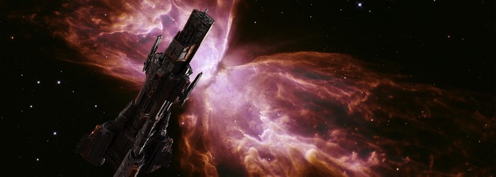 Spaceship in front of a nebula from The Expanse
