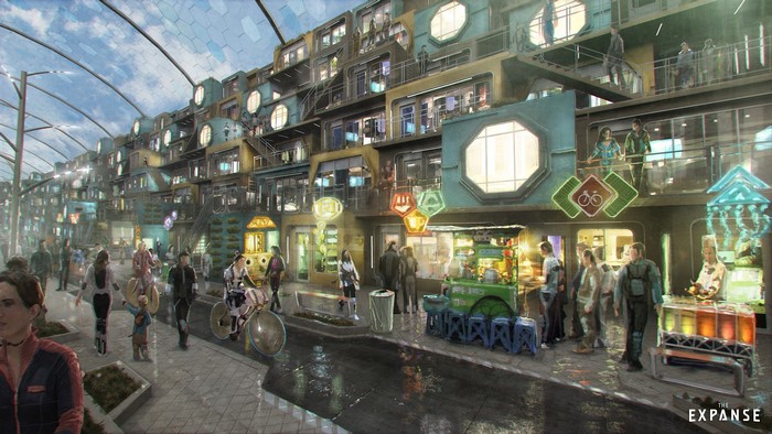 Concept art of a street scene from The Expanse