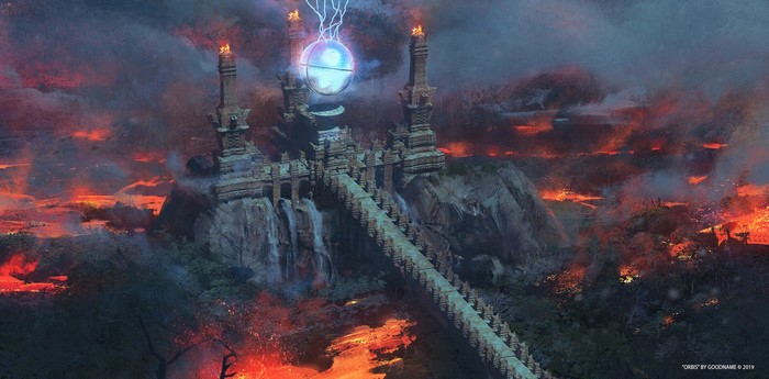Fantasy fortress with lava and orb