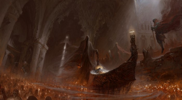 Dark fantasy scene with hooded figures and a skull monument